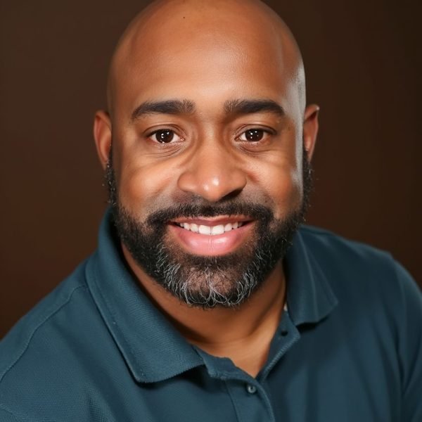 Bear smiling in a dark teal polo shirt